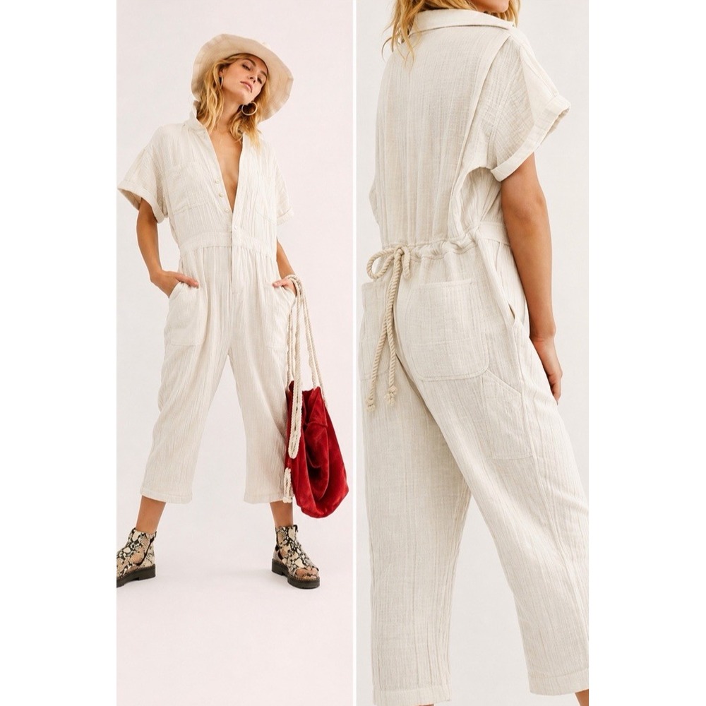 Free People Totally Crushin Coverall Jumpsuit S Ivory Cotton Gauze Utility Boho